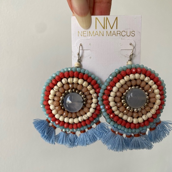 Neiman Marcus Statement Fran Drop Fringe Round Stone Bead Blue Red Cream NWT box - Picture 14 of 15